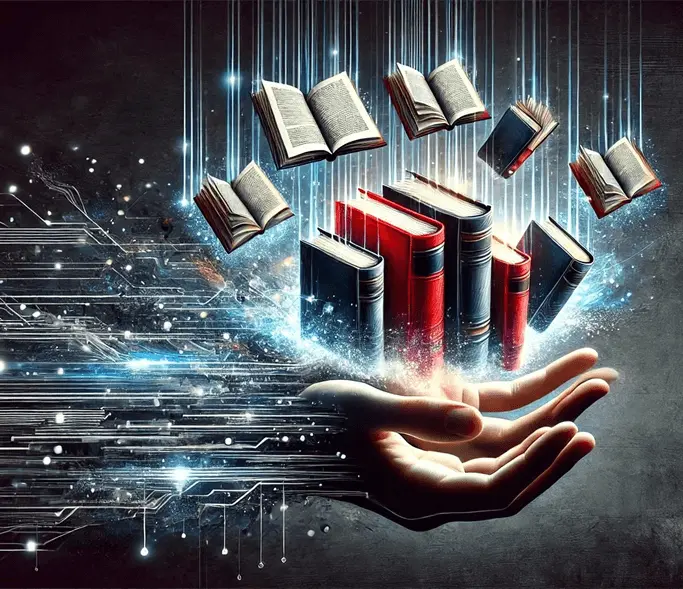 Books disappearing digitally, symbolizing online content theft.