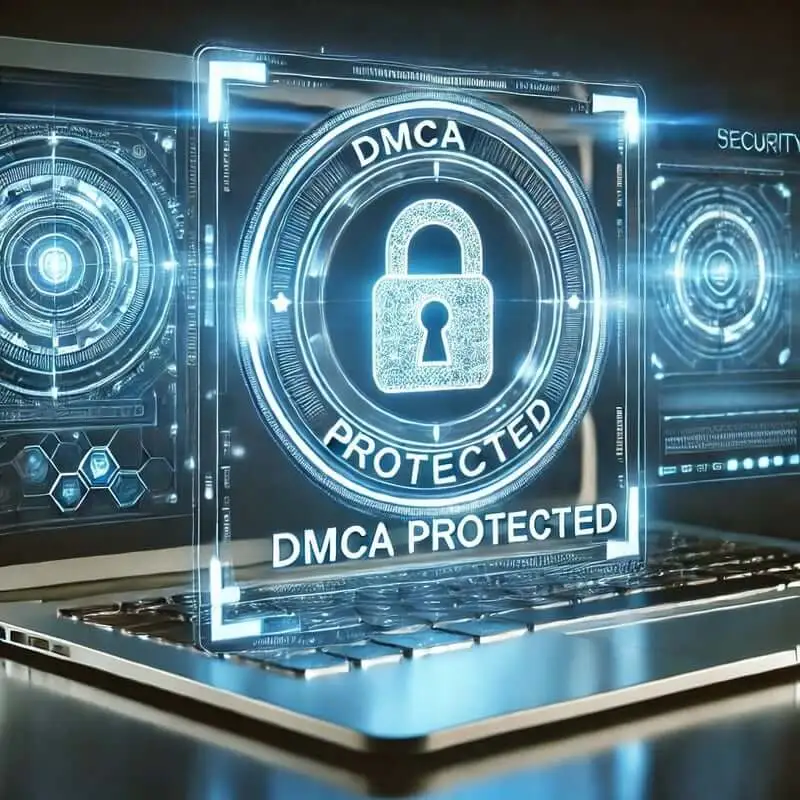 A 'DMCA PROTECTED' badge glowing on a digital interface with a lock and shield symbolizing security.