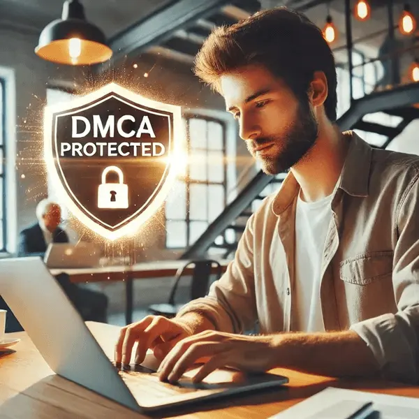Writer at desk with glowing DMCA protection shield on laptop.