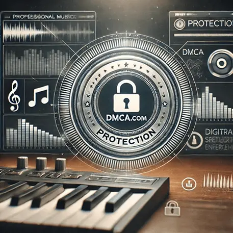 Digital shield and soundwave symbolizing music copyright protection.