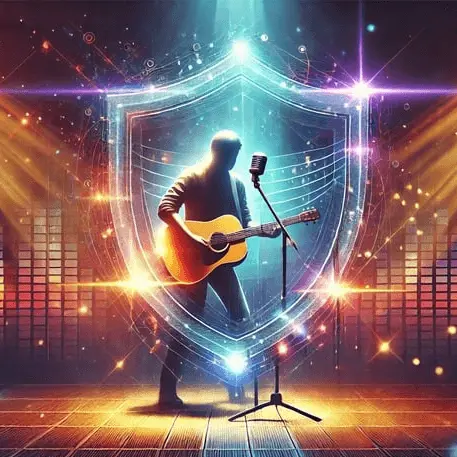 Musician performing on stage with copyright protection overlay.