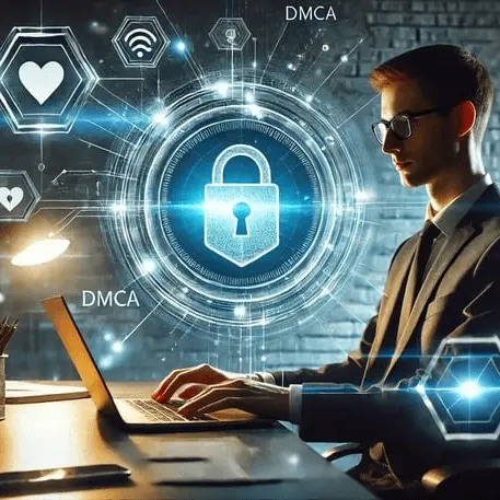 A software developer working on a laptop with a glowing security shield in a futuristic blue-toned digital network.