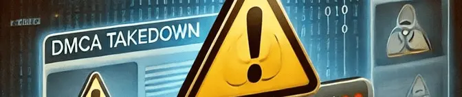 A website's stolen content being flagged and removed with a warning icon and success message.